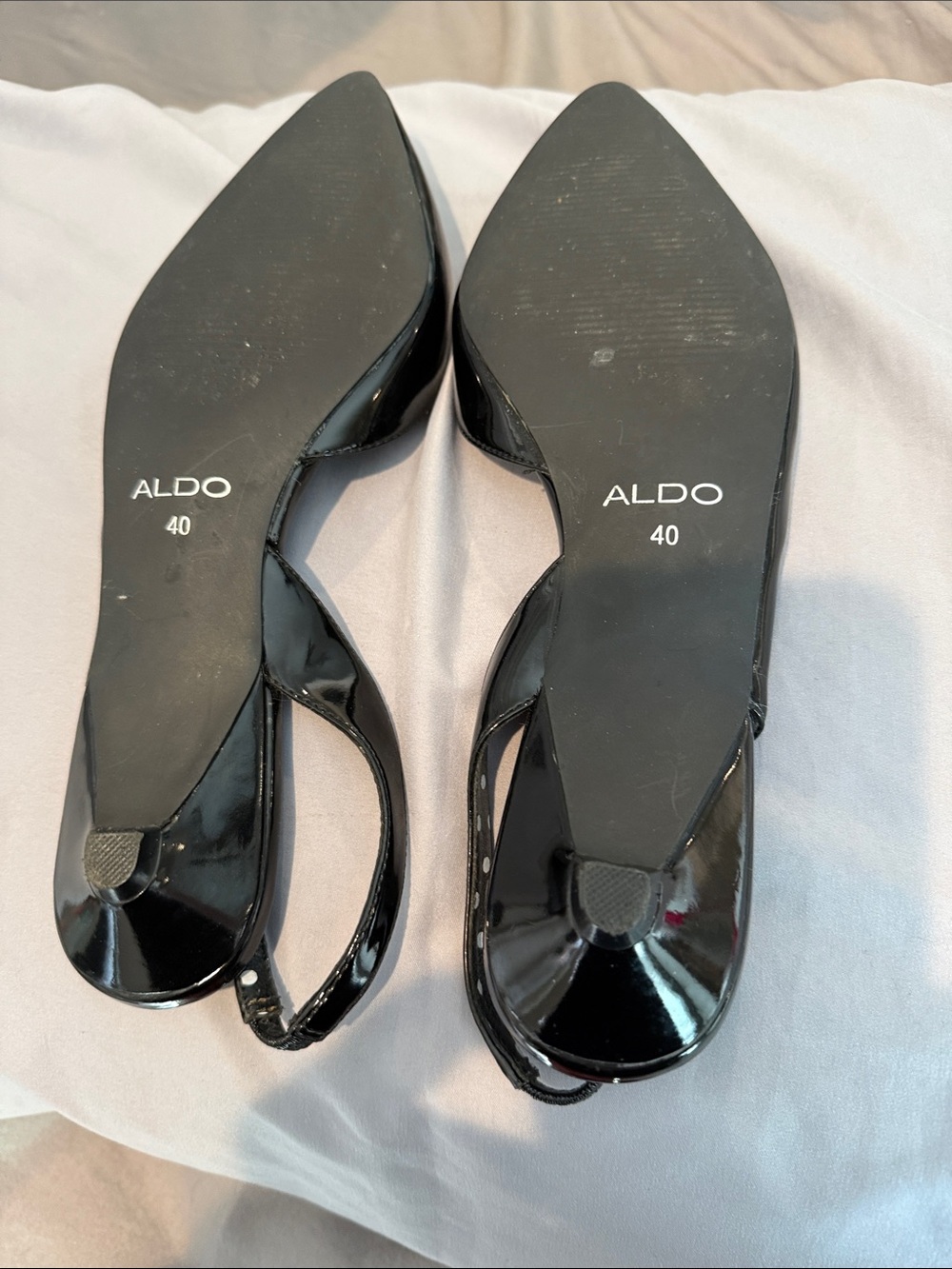 Aldo Black Patent Pointed Slingback Flats with Polka Dot Insole - Picture 2 of 3